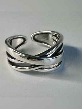 Silver Tone Crossover Open Band Ring Adjustable NWOT